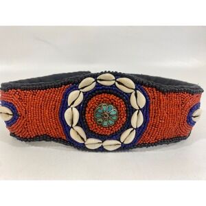 Tribal Beaded Festival Cowrie Shell Belt Orange Blue Bead Boho Medallion Tie